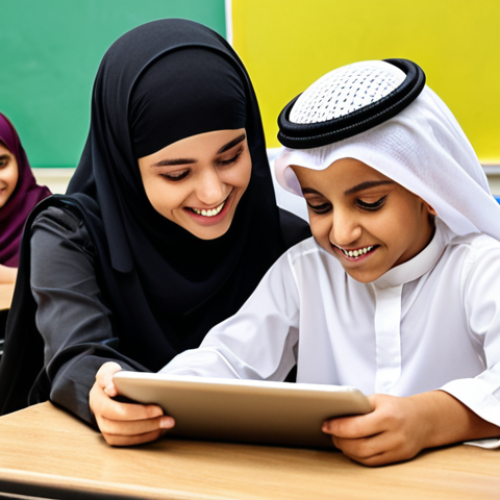 Home 11 **Image Prompt:** A heartwarming scene of a classroom in Dubai. An Emirati teacher is patiently helping a young student with dyslexia use an iPad loaded with assistive learning software. Other students are engaged in collaborative learning activities, creating a supportive and inclusive atmosphere. The classroom is bright, colourful, and reflects modern Arabic design elements. Focus on the child's expression showing confidence and joy in learning. The image should evoke feelings of hope and empowerment through special education.