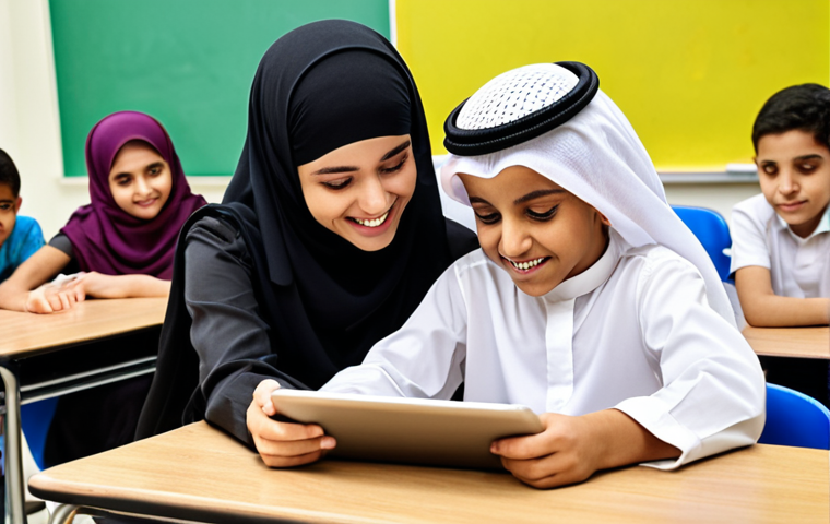 **Image Prompt:** A heartwarming scene of a classroom in Dubai. An Emirati teacher is patiently helping a young student with dyslexia use an iPad loaded with assistive learning software. Other students are engaged in collaborative learning activities, creating a supportive and inclusive atmosphere. The classroom is bright, colourful, and reflects modern Arabic design elements. Focus on the child's expression showing confidence and joy in learning. The image should evoke feelings of hope and empowerment through special education.