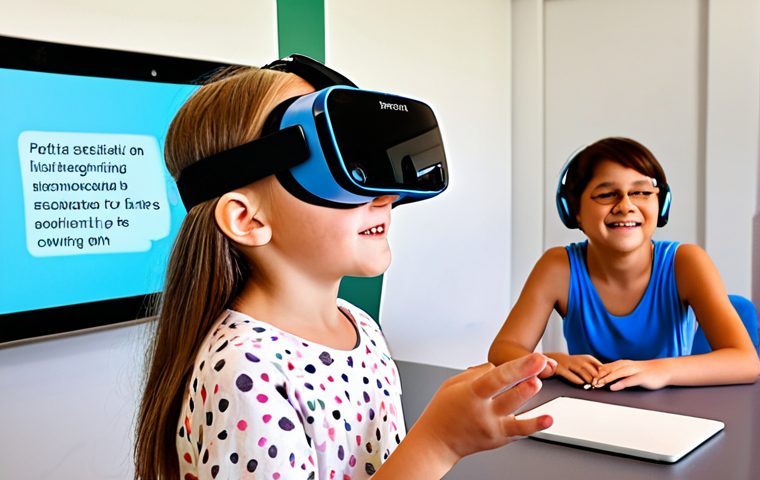 **Image Prompt 1: Empowered Learning Through Technology**
"A heartwarming, brightly lit scene featuring a child with special needs, around 7-9 years old, with a gentle, focused expression, interacting with advanced assistive technology. The child might be wearing a light VR headset, immersed in an engaging, safe virtual environment, or using a large, touch-sensitive screen displaying personalized educational content powered by AI. A supportive adult (parent or therapist) is gently guiding or observing in the background, conveying a sense of hope and progress. The setting is a modern, nurturing learning space with soft, encouraging colors. Emphasize the seamless integration of technology and human care, highlighting potential and tailored growth."