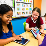 ** A diverse group of students with varying learning needs, working collaboratively in a bright, inclusive classroom. Some are using tablets with text-to-speech software, others are engaged in hands-on activities. The teacher is providing individualized support with a warm and encouraging expression. In the background, a mind map is displayed on the wall. (Focus: Inclusive special education environment)

**