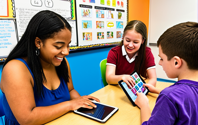 ** A diverse group of students with varying learning needs, working collaboratively in a bright, inclusive classroom. Some are using tablets with text-to-speech software, others are engaged in hands-on activities. The teacher is providing individualized support with a warm and encouraging expression. In the background, a mind map is displayed on the wall. (Focus: Inclusive special education environment)
**