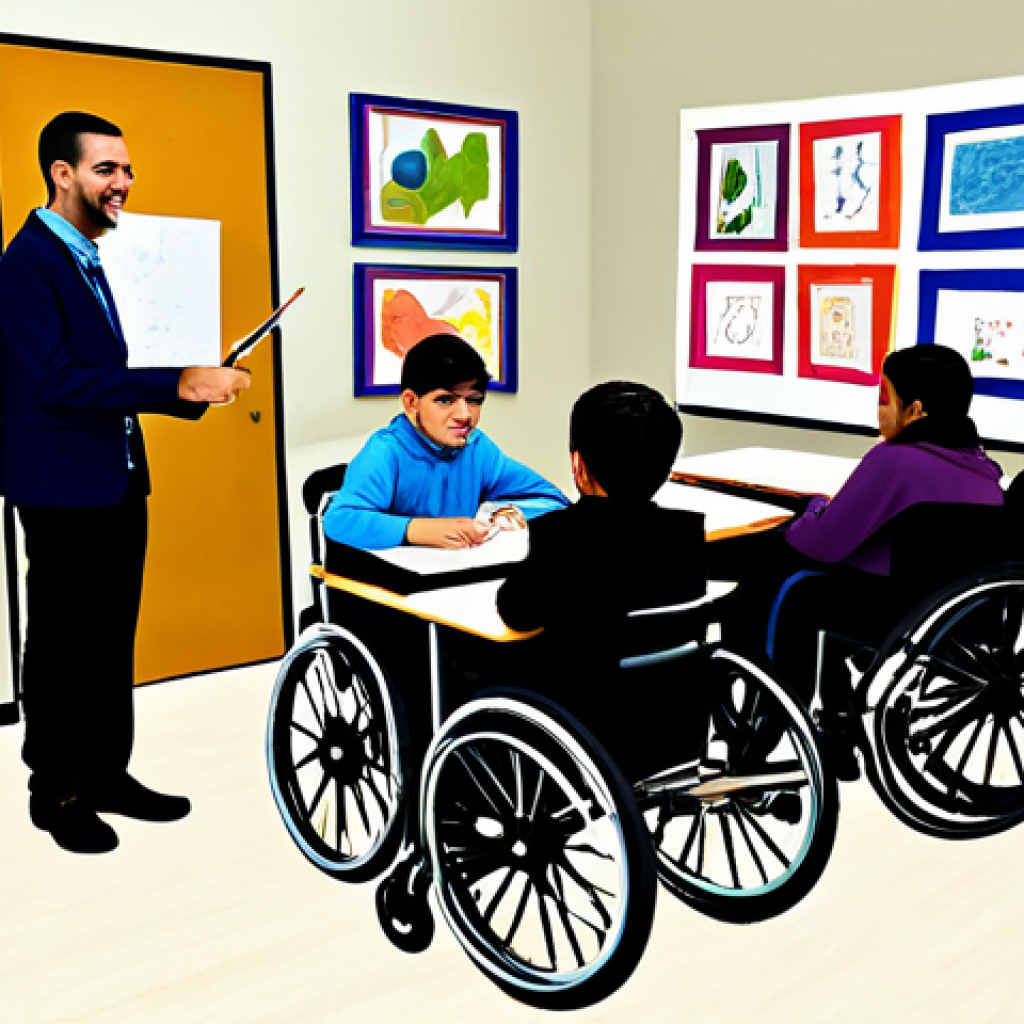 Inclusive Classroom**
"A bright and welcoming classroom scene, showcasing the integration of students with special needs alongside their peers. Focus on a student with a visible assistive device (e.g., wheelchair, hearing aid) actively participating in a group art project with other children. The art project involves colorful paints and creative materials. The classroom is decorated with artwork, positive affirmations in Arabic, and educational posters. The teacher is present, gently guiding and encouraging all students. fully clothed, modest clothing, appropriate attire, professional, family-friendly, safe for work, appropriate content, perfect anatomy, correct proportions, natural pose, well-formed hands, proper finger count, natural body proportions."
**