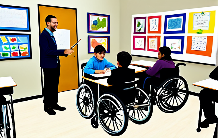 Inclusive Classroom**

"A bright and welcoming classroom scene, showcasing the integration of students with special needs alongside their peers. Focus on a student with a visible assistive device (e.g., wheelchair, hearing aid) actively participating in a group art project with other children. The art project involves colorful paints and creative materials. The classroom is decorated with artwork, positive affirmations in Arabic, and educational posters. The teacher is present, gently guiding and encouraging all students. fully clothed, modest clothing, appropriate attire, professional, family-friendly, safe for work, appropriate content, perfect anatomy, correct proportions, natural pose, well-formed hands, proper finger count, natural body proportions."

**
