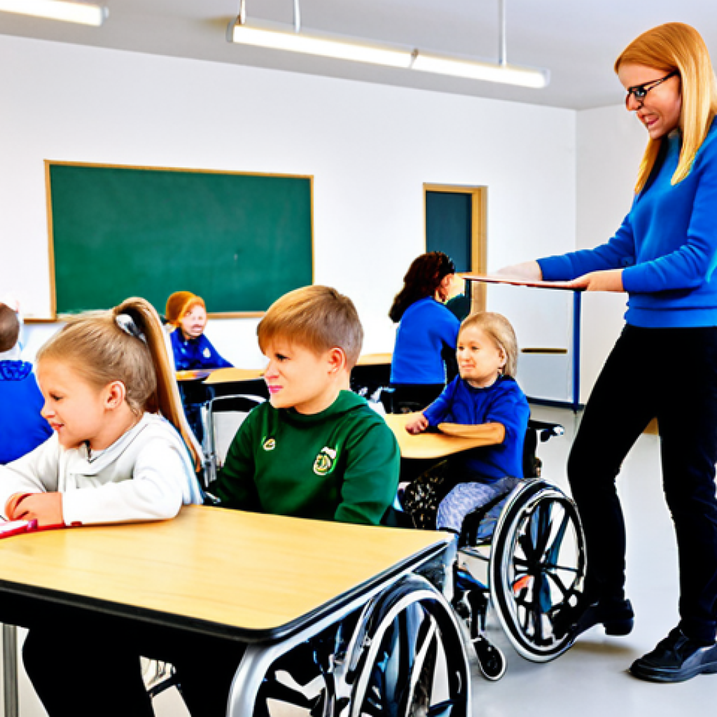 Inclusive Education in Finland**
"A diverse group of fully clothed children, including a child using a wheelchair, participating in a classroom activity in a bright, modern Finnish school. The teacher is assisting the students. The scene emphasizes collaboration and support. Appropriate attire, safe for work, perfect anatomy, natural proportions, family-friendly, high quality illustration."
**
