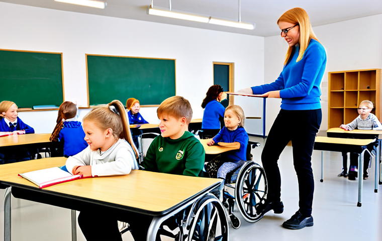 Inclusive Education in Finland**
"A diverse group of fully clothed children, including a child using a wheelchair, participating in a classroom activity in a bright, modern Finnish school. The teacher is assisting the students. The scene emphasizes collaboration and support. Appropriate attire, safe for work, perfect anatomy, natural proportions, family-friendly, high quality illustration."
**