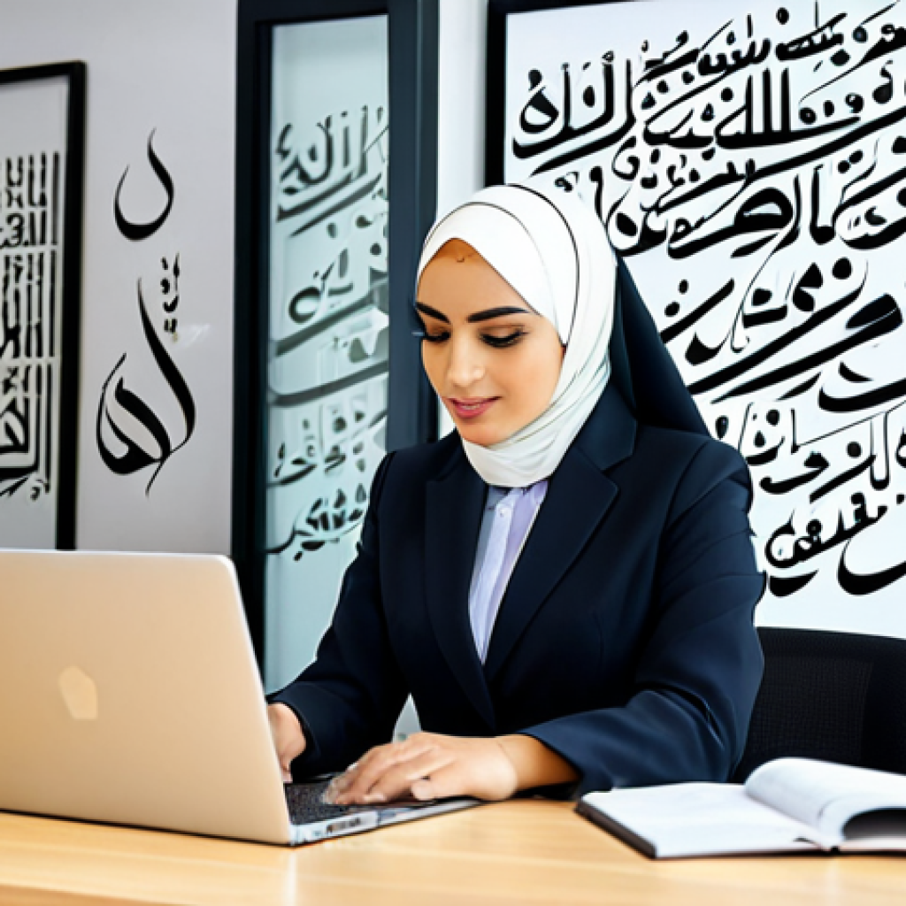 특수교육과 청각 재활 - **
"A professional Arab woman, fully clothed in a modest business suit with a hijab, working on a l...