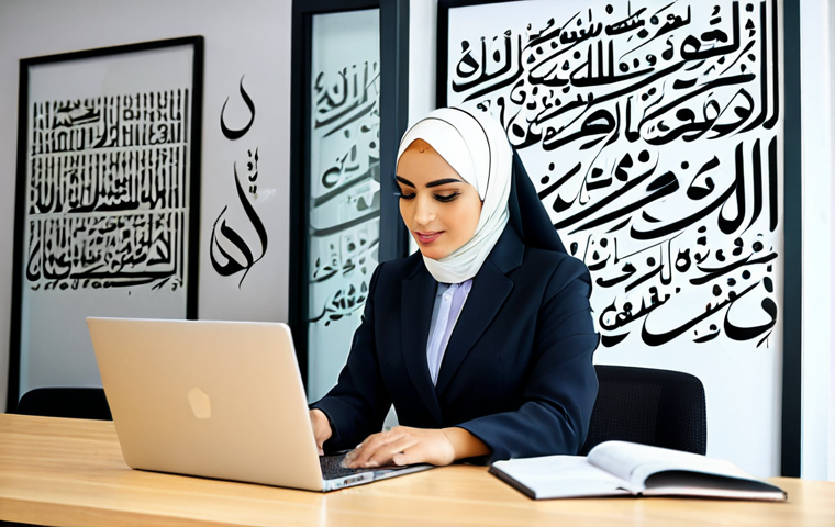 특수교육과 청각 재활 - **
"A professional Arab woman, fully clothed in a modest business suit with a hijab, working on a l...