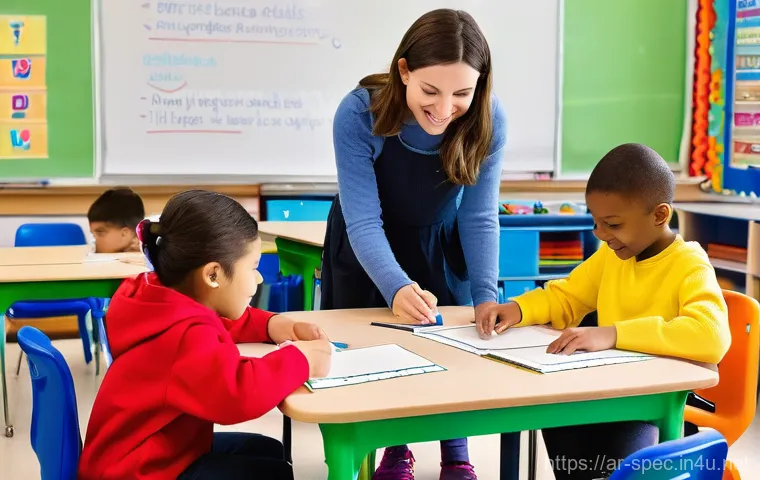 특수교육과 장애인 교육 캠페인 - **Inclusive Classroom with Assistive Technology:** A bright, modern, and cheerfully decorated elemen...